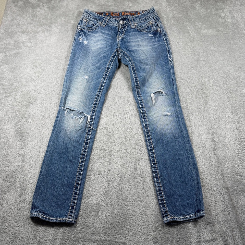 Rock Revival Amy Capri Jeans Women 25 (Fits 27x29) Blue Distressed Buckle